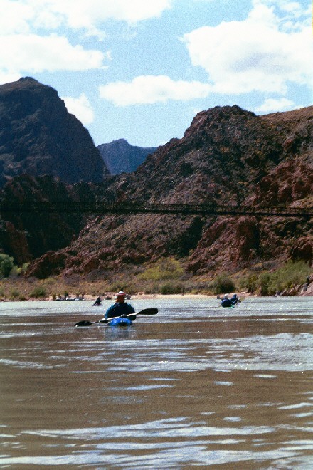 Tim under the footbridge at Phantom Ranch