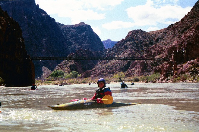 Lisa under the footbridge at Phantom Ranch