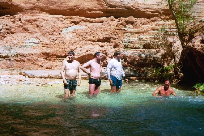 Conor, Mark, and Tim compare beer guts at Havasu creek